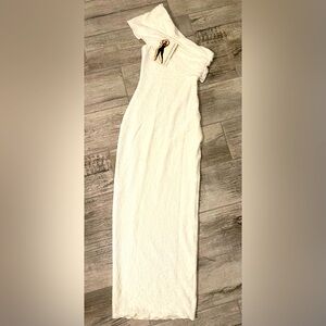 White Textured Off-Shoulder Naked Wardrobe Dress.
